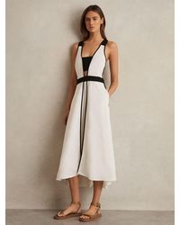 Reiss Clarice Broderie Detail Linen Midi Dress in Natural | Lyst