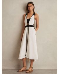 Reiss - Contrast-Trim Flared Midi Dress With Linen - Lyst