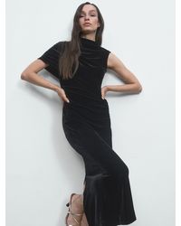 Reiss - Velvet Draped-Neck Ruched Midi Dress - Lyst