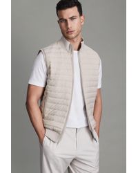 Reiss - Pluto - Stone Hybrid Quilt And Knit Zip-through Gilet, Xs - Lyst