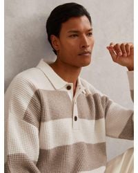 Reiss - Off & Putty Waffle-Knit Stripe Half-Button Jumper With Wool - Lyst