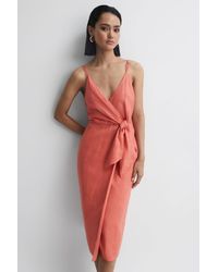 Reiss - Esme - Coral Linen Side Tie Midi Dress, Us 14 - Lyst