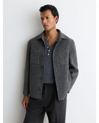 Reiss - Gano - Charcoal Grey Wool-blend Herringbone Blind-seam Overshirt, Xl - Lyst