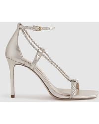 PAIGE - Gold Leather Plaited Strappy Heeled Sandals - Lyst