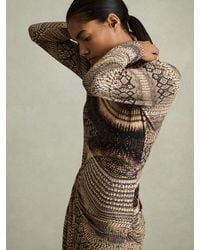 Reiss - Naomi - Brown Snake-print Draped Midi Dress, S (us 4-6) - Lyst