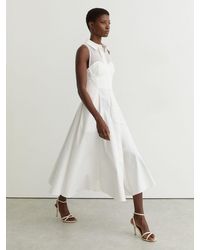 Reiss - Hera - Ivory Cotton Broderie-detail Midi Dress With Stretch, Us 8 - Lyst