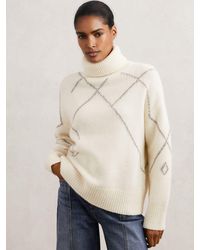 Reiss - Cream & Taupe Wool-Blend Roll-Neck Argyle Jumper - Lyst