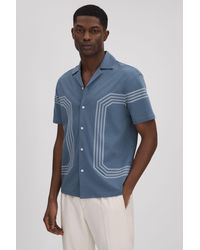 Reiss - Arlington - Airforce Blue Mercerised Cotton Embroidered Cuban Collar Shirt - Lyst