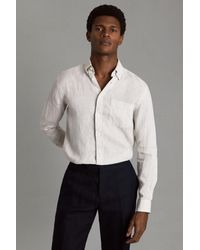 Reiss - Queens - Stone Linen Button-down Collar Shirt - Lyst