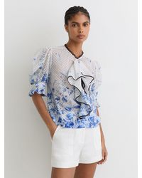 Reiss - Minni - Ivory/blue Cotton Floral-print Ruffle Blouse, Us 4 - Lyst