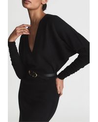 Reiss - Jenna - Black Petite Wool Blend Ruched Sleeve Midi Dress, S - Lyst