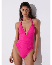 Reiss - Nadine - Pink Pleat-detail Halterneck Swimsuit, Us 4 - Lyst
