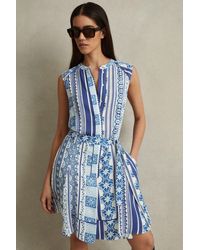 Reiss - Florence - Blue Tile Print Belted Mini Dress - Lyst