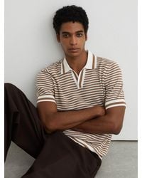 Reiss - Camel & Off Stripe Knit Open-Collar Polo Shirt With Linen - Lyst