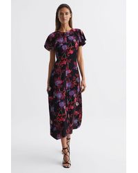Reiss - Eleni - Black/pink Leni Fitted Floral Print Midi Dress, Us 12 - Lyst