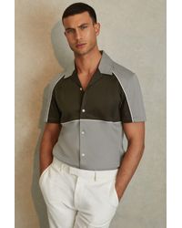 Reiss - Gino - Sage Green Mercerised Cotton Colourblock Cuban Collar Shirt, L - Lyst