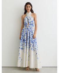 Reiss - Amaya - Ivory/blue Cotton Floral-print Belted Maxi Dress With Stretch, Us 6 - Lyst