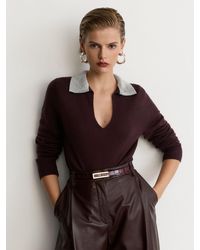 Reiss - Raven - Grape Burgundy Wool-blend Crystal-collar V-neck Jumper, Xl (us 16-18) - Lyst