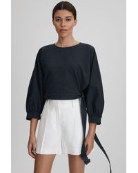 Reiss - Immy - Navy Cropped Blouson Sleeve Top - Lyst