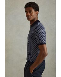 Reiss - Sanderson - Navy Half-zip Diamond Stitch Polo Shirt - Lyst