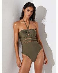 Reiss - Shimmer Lattice-Trim Bandeau Swimsuit - Lyst