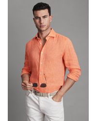 Reiss - Ruban - Peach Linen Button-through Shirt, Xs - Lyst