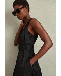 Reiss - Liza - Black Cotton Ruched Strap Belted Midi Dress - Lyst