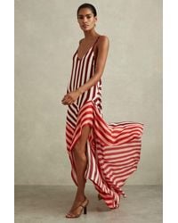 Reiss - Holly - Burgundy/off White Colourblock Stripe Asymmetric Midi Dress, Us 6 - Lyst