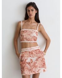 Reiss - Linen Leaf-Print Wave-Trim Mini Skirt - Lyst