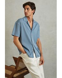 Reiss - Neptune - White/soft Blue Ribbed Striped Cuban Collar Shirt, S - Lyst