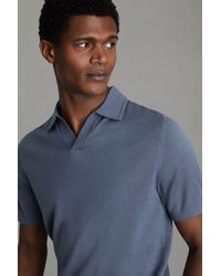 Reiss - Duchie - Airforce Blue Merino Wool Open Collar Polo Shirt, M - Lyst