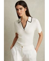 Reiss - Seleena - Ivory/black Linen Blend Open Collar Polo Shirt - Lyst