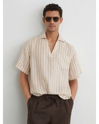 Reiss - Quest - Oatmeal Brown Linen Pinstripe Open-collar Shirt, M - Lyst