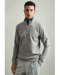 Reiss - Hale - Grey Melange Leather-placket Interlock-jersey Sweatshirt - Lyst