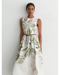 Reiss - Khaki Linen Palm-Print Midi Dress - Lyst