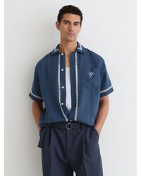 Reiss - Yamal - Blue Linen Embroidered Cuban-collar Shirt, Large - Lyst
