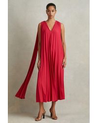 Reiss - Loreli - Coral Pleated Cape Sleeve Midi Dress, Us 8 - Lyst