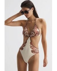 Reiss - Natalie - Tan Printed Cut-out Halter Neck Swimsuit, Us 12 - Lyst
