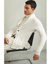 Reiss - Armitage - White Cabled Shawl-collar Cardigan With Cotton And Wool, M - Lyst