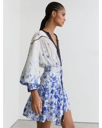 Reiss - Anisa - Ivory/blue Floral-print Belted Mini Dress, Us 4 - Lyst