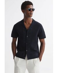 Reiss - Hawk - Navy Embroidered Cuban Collar Shirt - Lyst