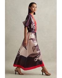 Reiss - Hanna - Ivory/burgundy Petite Printed Front Split Midi Dress - Lyst