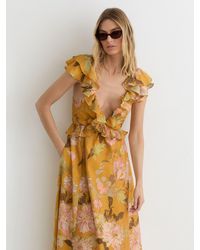 Reiss - Floral-Print Frill-Trim Midi Dress - Lyst
