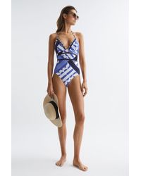 Reiss - Gia - Blue Halterneck Printed Swimsuit, Us 0 - Lyst