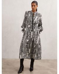 Reiss - Geometric-Print Tie-Neck Dress - Lyst