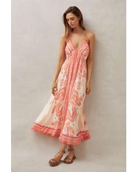 Reiss - Delilah - Coral Petite Printed Ruched Waist Midi Dress - Lyst