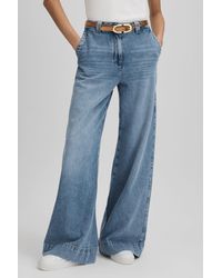 Reiss - Olivia - Light Blue Wide Leg Contrast Stitch Jeans, Uk 28 L - Lyst