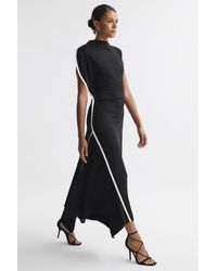 Reiss - Klein - Black/white Asymmetric Contrast Trim Midi Dress, Us 0 - Lyst