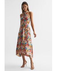 Reiss - Electra - Pink/neutral Electra Floral Printed Halter Neck Midi Dress, Us 4 - Lyst