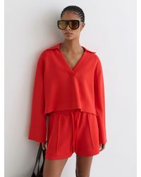 Reiss - Bea - Coral Red Premium Interlock Open-collar Sweatshirt, M (us 8-10) - Lyst